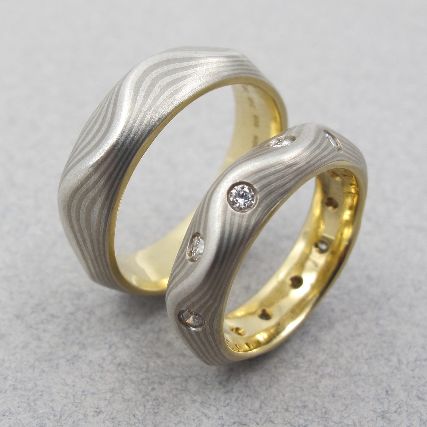 Mokume and Diamond Wedding Rings, Wave Patter