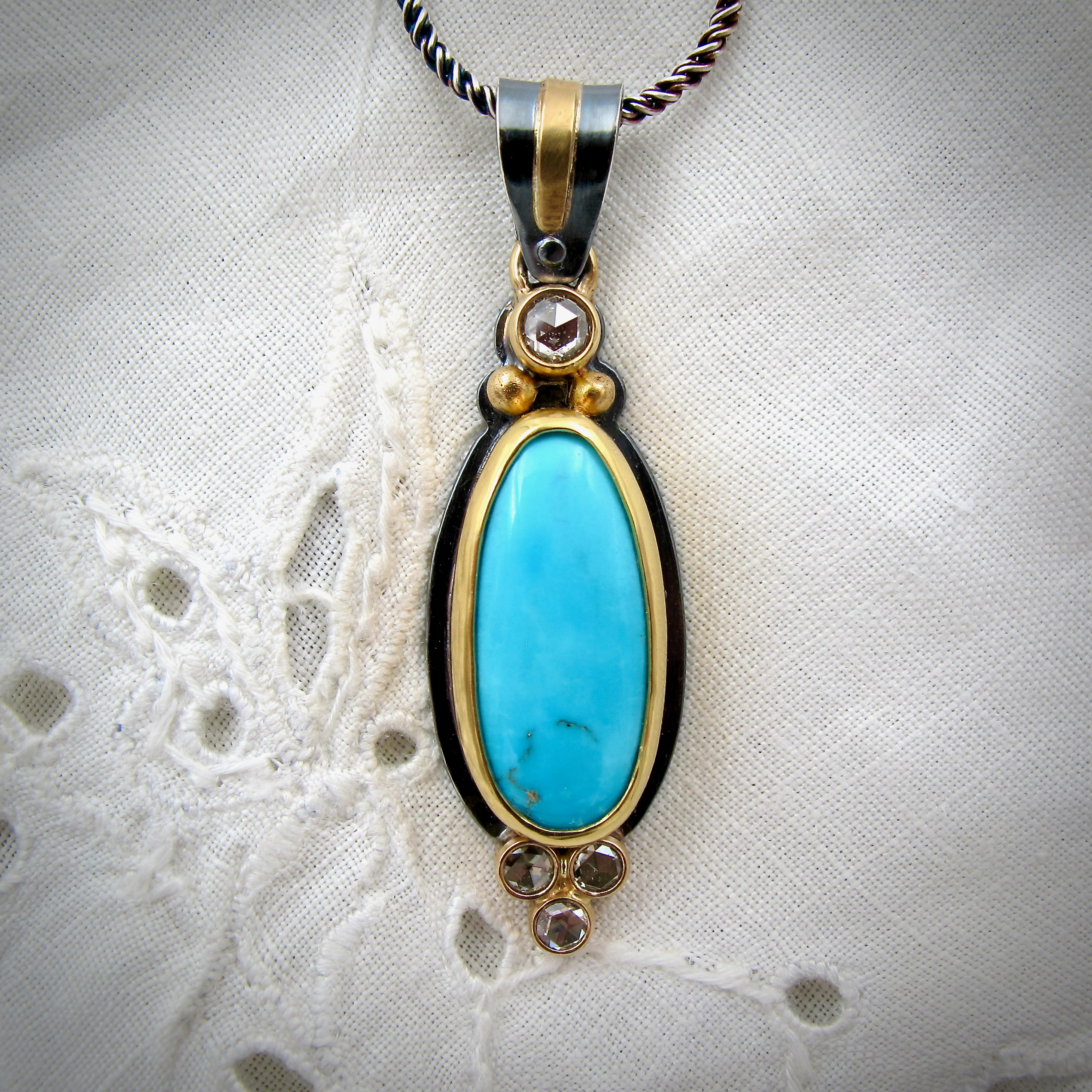 gold, silver, diamonds, rose cut diamonds, turquoise, Castle Dome turquoise, necklace, jewelry