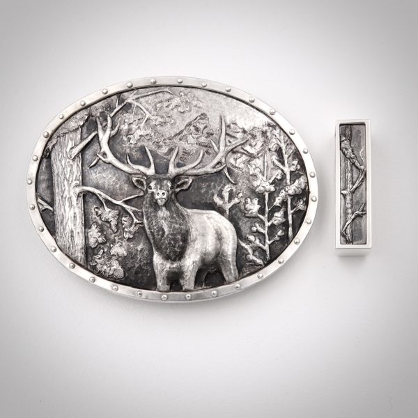Chasing and repousee, sterling silver belt buckle, elk belt buckle