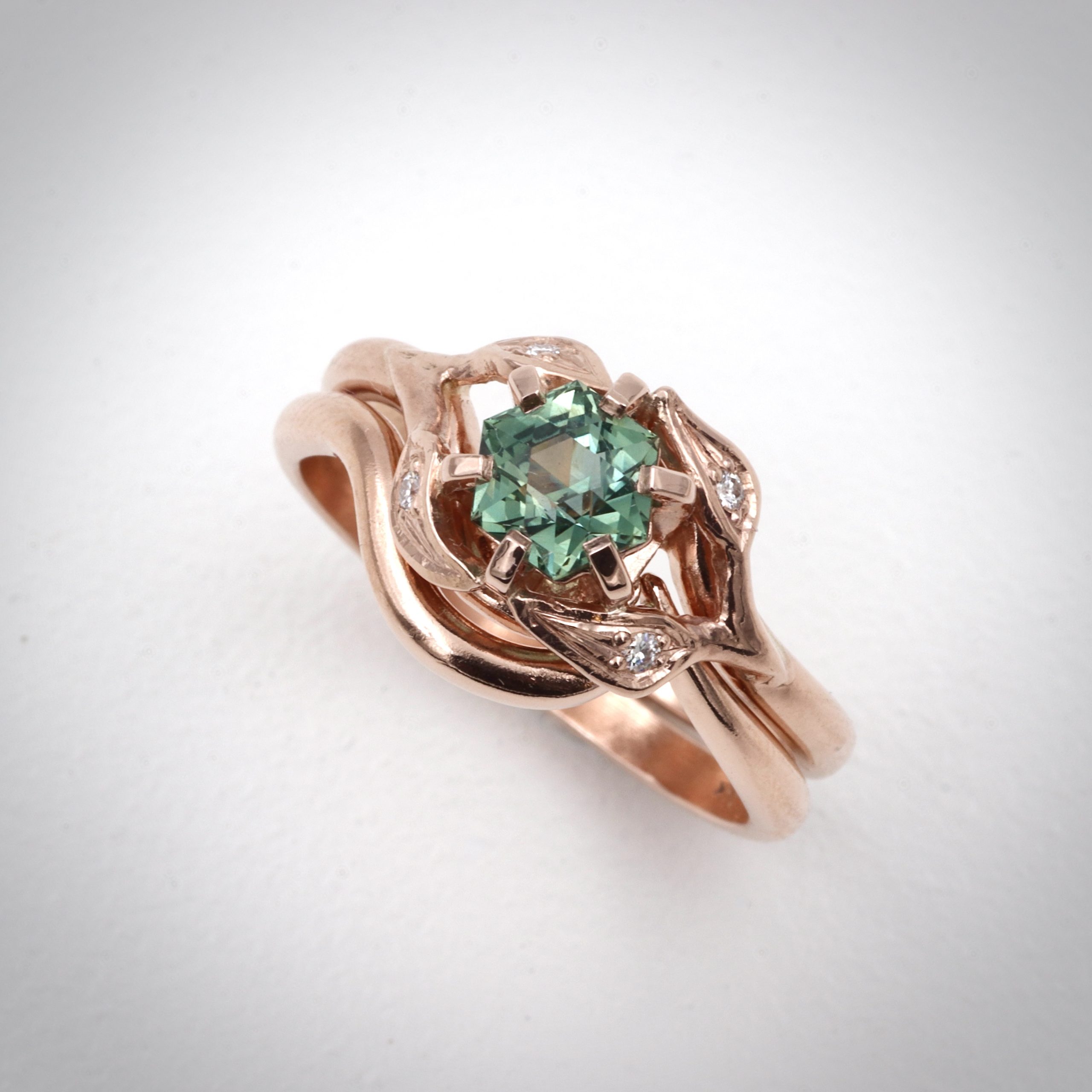 Octagonal Sapphire in Rose Gold Ring wedding rings, rose gold, rose gold and sapphire wedding ring set, botanical jewelry, green sapphire ring